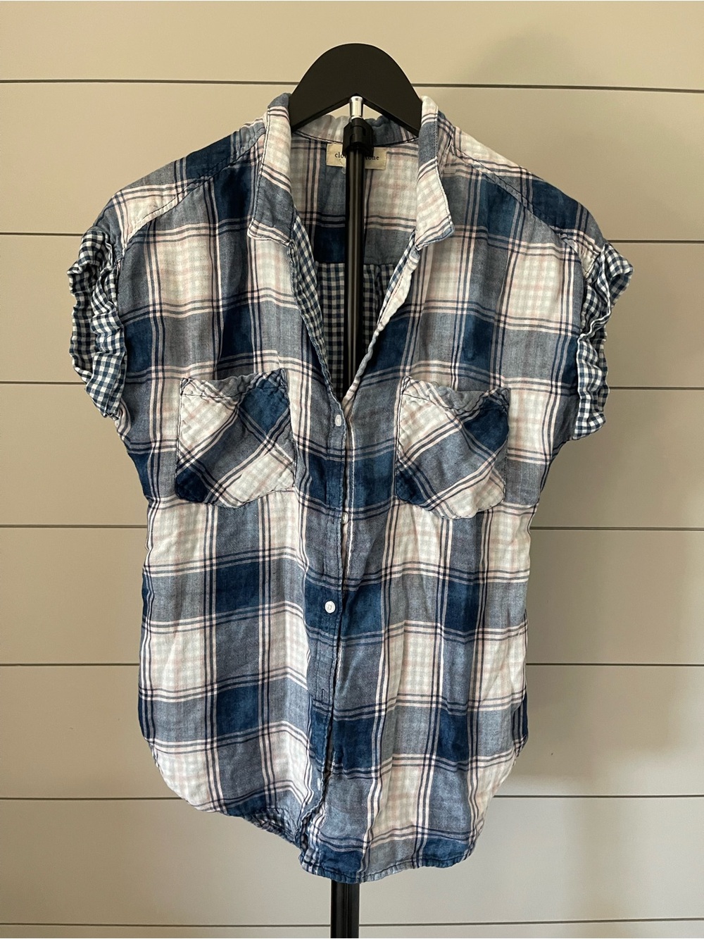 Cloth & Stone Blue Plaid Button Front Blouse Medium